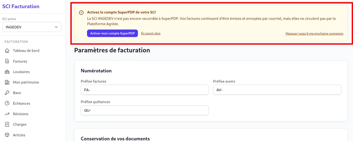 Bandeau d'invitation au raccordement affiché en haut d'un écran d'administration