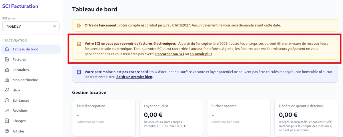 Encadré du tableau de bord rappelant l'échéance de réception des factures