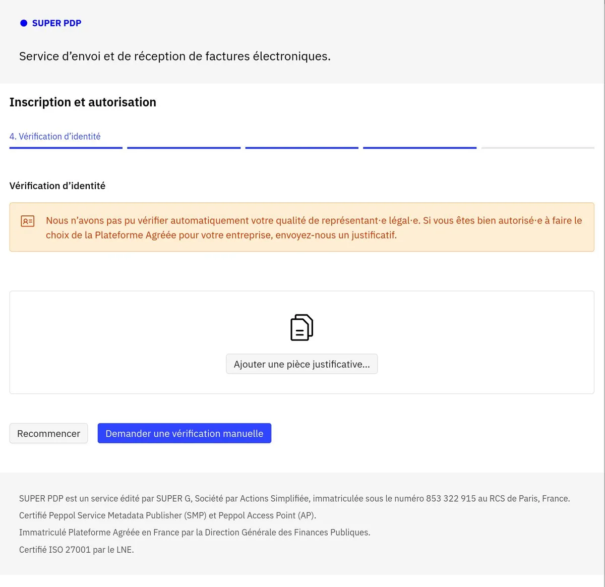 Écran de vérification d'identité de SuperPDP demandant une pièce justificative